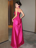 Tineit Gorgeous A line Spaghetti Straps Hot Pink Long Evening Dress Prom Dresses Birthday Outfits (PRE-ORDER)