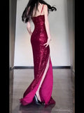 Tineit Gorgeous Sheath Spaghetti Straps Burgundy Sequin Long Evening Dress Prom Dresses Birthday Outfits (PRE-ORDER)