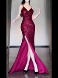 Tineit Gorgeous Sheath Spaghetti Straps Burgundy Sequin Long Evening Dress Prom Dresses Birthday Outfits (PRE-ORDER)