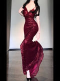 Tineit Gorgeous Sheath Spaghetti Straps Burgundy Sequin Long Evening Dress Prom Dresses Birthday Outfits (PRE-ORDER)