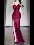 Tineit Gorgeous Sheath Spaghetti Straps Burgundy Sequin Long Evening Dress Prom Dresses Birthday Outfits (PRE-ORDER)