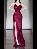 Tineit Gorgeous Sheath Spaghetti Straps Burgundy Sequin Long Evening Dress Prom Dresses Birthday Outfits (PRE-ORDER)