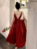 Tineit Gorgeous A Line Spaghetti Straps Red Ankle Length Evening Dress Prom Dresses Birthday Outfits (PRE-ORDER)