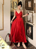 Tineit Gorgeous A Line Spaghetti Straps Red Ankle Length Evening Dress Prom Dresses Birthday Outfits (PRE-ORDER)