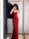 Tineit Vintage Mermaid Spaghetti Straps Burgundy Satin Long Floor Length Prom Dresses (PRE-ORDER)