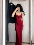 Tineit Vintage Mermaid Spaghetti Straps Burgundy Satin Long Floor Length Prom Dresses (PRE-ORDER)