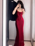 Tineit Vintage Mermaid Spaghetti Straps Burgundy Satin Long Floor Length Prom Dresses (PRE-ORDER)