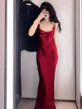 Tineit Vintage Mermaid Spaghetti Straps Burgundy Satin Long Floor Length Prom Dresses (PRE-ORDER)