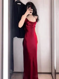 Tineit Vintage Mermaid Spaghetti Straps Burgundy Satin Long Floor Length Prom Dresses (PRE-ORDER)