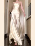 Tineit Vintage Mermaid Spaghetti Straps Champagne Satin Long Floor Length Prom Dresses (PRE-ORDER)