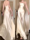 Tineit Vintage Mermaid Spaghetti Straps Champagne Satin Long Floor Length Prom Dresses (PRE-ORDER)