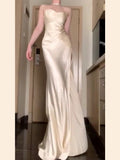 Tineit Vintage Mermaid Spaghetti Straps Champagne Satin Long Floor Length Prom Dresses (PRE-ORDER)