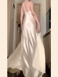 Tineit Vintage Mermaid Spaghetti Straps Champagne Satin Long Floor Length Prom Dresses (PRE-ORDER)