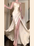 Tineit Vintage Mermaid Spaghetti Straps Champagne Satin Long Floor Length Prom Dresses (PRE-ORDER)