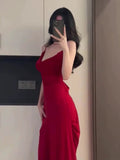 Tineit Gorgeous Sheath Spaghetti Straps Red Long Evening Dress Prom Dresses Birthday Outfits (PRE-ORDER)