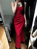 Tineit Gorgeous Sheath Spaghetti Straps Red Satin Evening Dress Prom Dresses Birthday Outfits (PRE-ORDER)