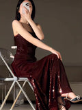 Tineit Gorgeous Mermaid Spaghetti Straps Burgundy Sequin Evening Dress Prom Dresses Birthday Outfits (PRE-ORDER)