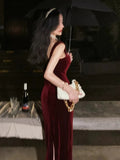 Tineit Gorgeous Mermaid Straps Burgundy Velvet Evening Dress Prom Dresses Birthday Outfits (PRE-ORDER)