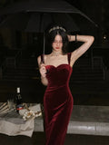 Tineit Gorgeous Mermaid Straps Burgundy Velvet Evening Dress Prom Dresses Birthday Outfits (PRE-ORDER)