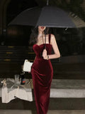 Tineit Gorgeous Mermaid Straps Burgundy Velvet Evening Dress Prom Dresses Birthday Outfits (PRE-ORDER)