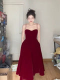 Tineit Gorgeous A line Spaghetti Straps Burgundy Velvet Evening Dress Prom Dresses Birthday Outfits (PRE-ORDER)