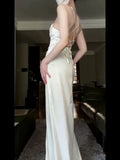 Tineit Vintage Mermaid Spaghetti Straps White Satin Long Birthday Dress Prom Dresses (PRE-ORDER)