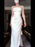 Tineit Vintage Mermaid Spaghetti Straps White Satin Long Birthday Dress Prom Dresses (PRE-ORDER)