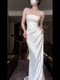 Tineit Vintage Mermaid Spaghetti Straps White Satin Long Birthday Dress Prom Dresses (PRE-ORDER)