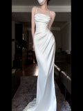 Tineit Vintage Mermaid Spaghetti Straps White Satin Long Birthday Dress Prom Dresses (PRE-ORDER)