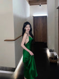 Tineit Vintage Mermaid Spaghetti Straps Green Satin Long Birthday Dress Prom Dresses (PRE-ORDER)