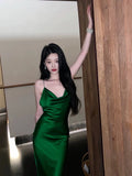 Tineit Vintage Mermaid Spaghetti Straps Green Satin Long Birthday Dress Prom Dresses (PRE-ORDER)