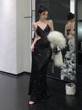 Tineit Gorgeous Sheath Spaghetti Straps Black Sequin Evening Dress Prom Dresses Birthday Outfits (PRE-ORDER)