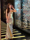 Tineit Vintage Mermaid Straps Sequin Backless Long Birthday Dress Prom Dresses (PRE-ORDER)