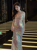 Tineit Vintage Mermaid Straps Sequin Backless Long Birthday Dress Prom Dresses (PRE-ORDER)