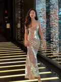 Tineit Vintage Mermaid Straps Sequin Backless Long Birthday Dress Prom Dresses (PRE-ORDER)