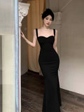 Tineit Vintage Mermaid Straps Black Satin Long Birthday Dress Prom Dresses (PRE-ORDER)