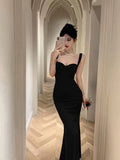 Tineit Vintage Mermaid Straps Black Satin Long Birthday Dress Prom Dresses (PRE-ORDER)