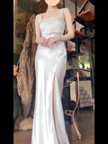 Tineit Sexy Mermaid Square Neckline White Slit Long Evening Dress Prom Dresses Birthday Outfits (PRE-ORDER)