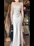 Tineit Sexy Mermaid Square Neckline White Slit Long Evening Dress Prom Dresses Birthday Outfits (PRE-ORDER)