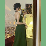 Tineit Elegant A line Halter Satin Green Sleeveless Prom Dresses birthday Party Dress (PRE-ORDER)