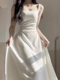 Tineit Simple A line Square Satin White Sleeveless Prom Dresses Birthday Party Dress (PRE-ORDER)