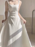 Tineit Simple A line Square Satin White Sleeveless Prom Dresses Birthday Party Dress (PRE-ORDER)