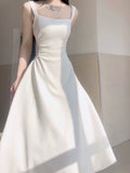 Tineit Simple A line Square Satin White Sleeveless Prom Dresses Birthday Party Dress (PRE-ORDER)