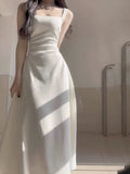 Tineit Simple A line Square Satin White Sleeveless Prom Dresses Birthday Party Dress (PRE-ORDER)