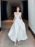 Tineit Vintage A Line Square Neckline White Satin Evening Dress Prom Dresses (PRE-ORDER)