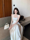 Tineit Vintage A Line Square Neckline White Satin Evening Dress Prom Dresses (PRE-ORDER)