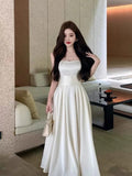 Tineit Vintage A Line Square Neckline White Satin Evening Dress Prom Dresses (PRE-ORDER)