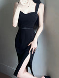 Tineit Elegant Sheath Straps Black Split Satin Prom Dress Birthday Outfits (PRE-ORDER)