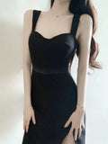 Tineit Elegant Sheath Straps Black Split Satin Prom Dress Birthday Outfits (PRE-ORDER)