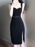 Tineit Elegant Sheath Straps Black Split Satin Prom Dress Birthday Outfits (PRE-ORDER)